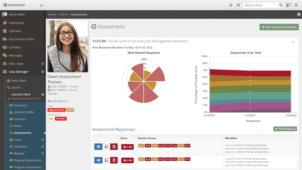 YouthCenter Client Assessments screen