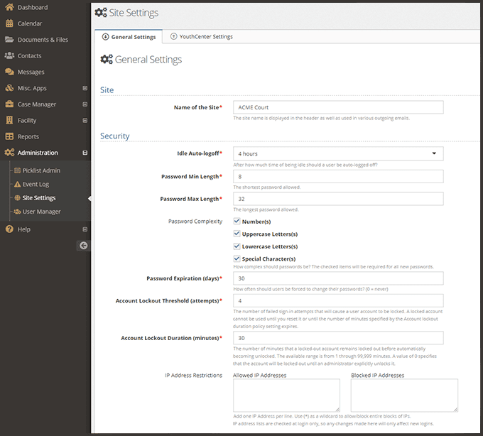 YouthCenter Security Settings