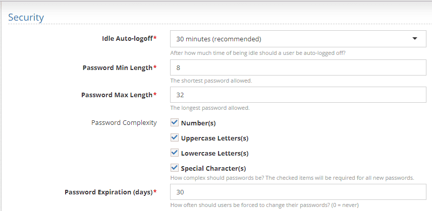 YouthCenter Security Settings
