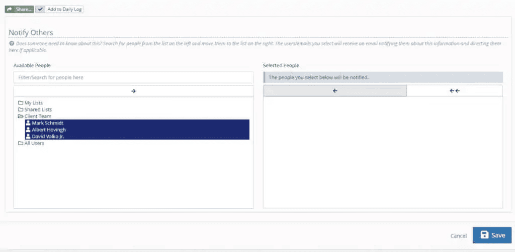 Share menu with team members selected

