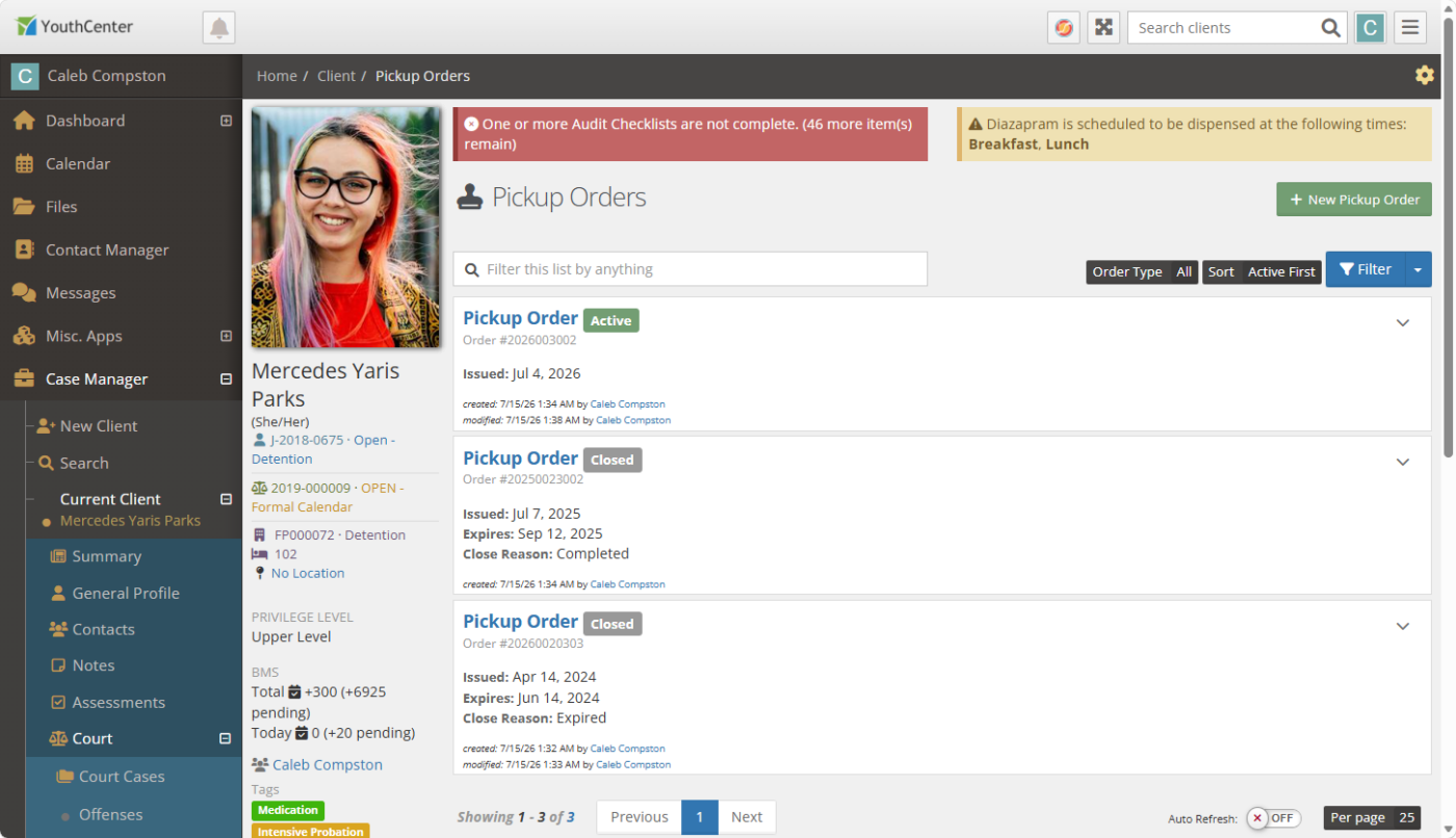 Pickup orders automatically bring the active pickup orders to the top of the list. Orders can have different types and statuses.