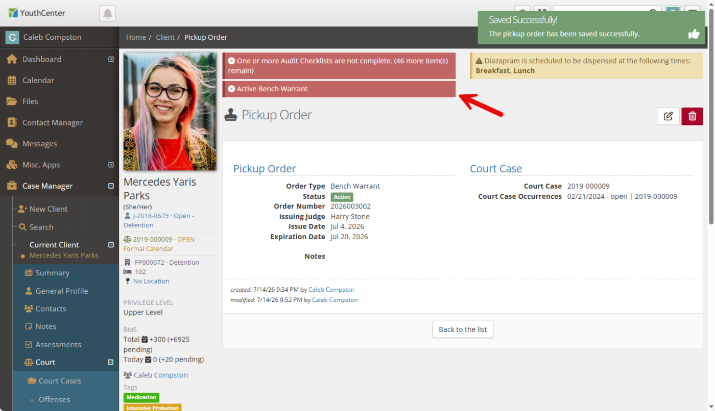 Active pickup orders show with the type of order if they are set to show notifications.