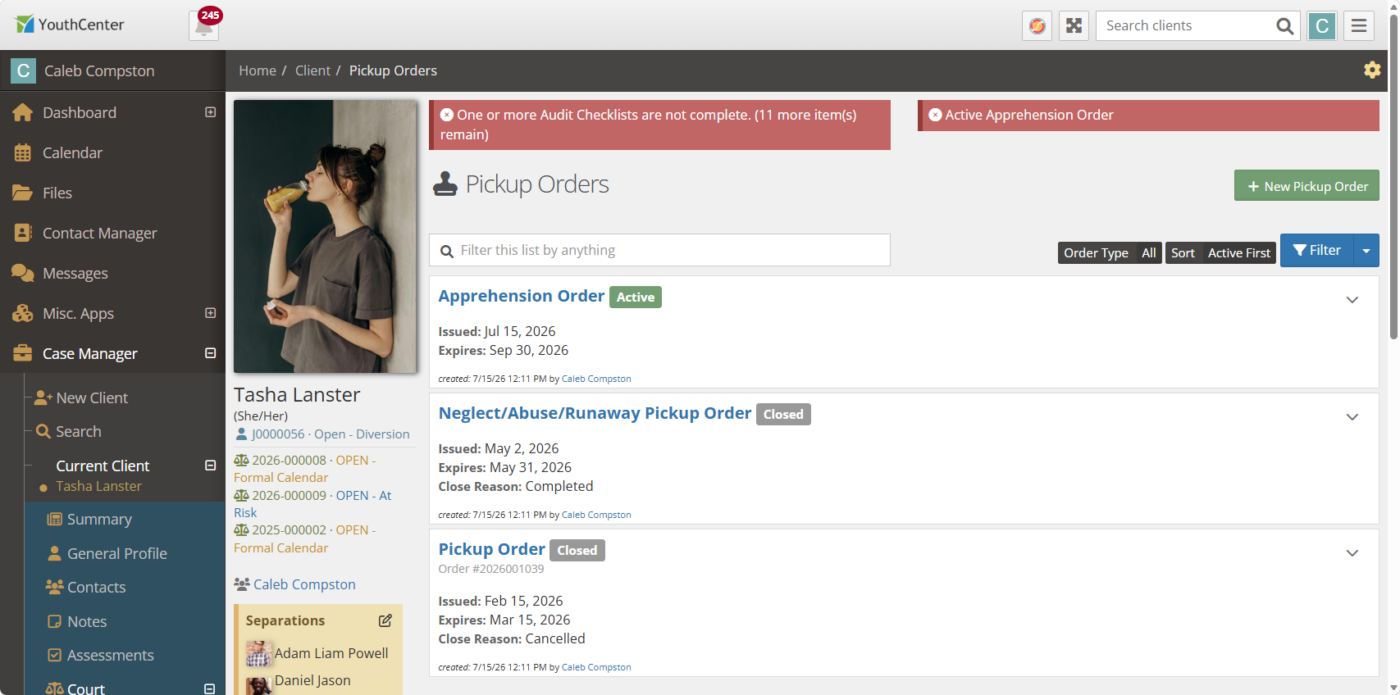 The new pickup orders screen shows active and close pick up orders, including the type of order, it's status, and expiration date.