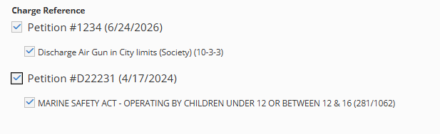 A screenshot of the way this new form part displays in the custom form. The part name Charge Reference is listed as a bold title and two Petitions are listed by number and (date) with the corresponding charges nested underneath. Each Petition and Charge choice has a checkable box. The text is black on a white background.