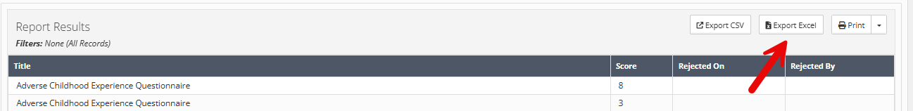 A screenshot of the Report Results are in YouthCenter. Report headers of white text on dark grey are visible that indicate different Data Sources in the report. There are three buttons on the top right with Export CSV, Export Excel, and Print. Each button is back text on white and the Print button has a small caret indicating further options. A red arrow highlights the Export Excel option.
