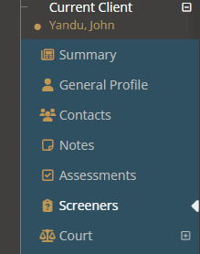 The main menu of YouthCenter that appears on the left side of the site. This is the Case Manager area expanded out to show the example demo client John Yandu. Sub-applications are Summay, General Profile, Contacts, Notes, Assessments, and Court in white text on a dark blue background. The new feature is the sub-application Screeners which is highlighted. All sub-apps are accompanied by their icons in gold.