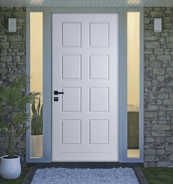 Porta bianca in stile moderno con cornice luminosa e pareti in pietra, portoncino resistente e di design.