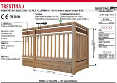 Balcone in alluminio con ringhiera in PVC e finiture in legno, dimensioni 1150x1000 mm, design ergon.