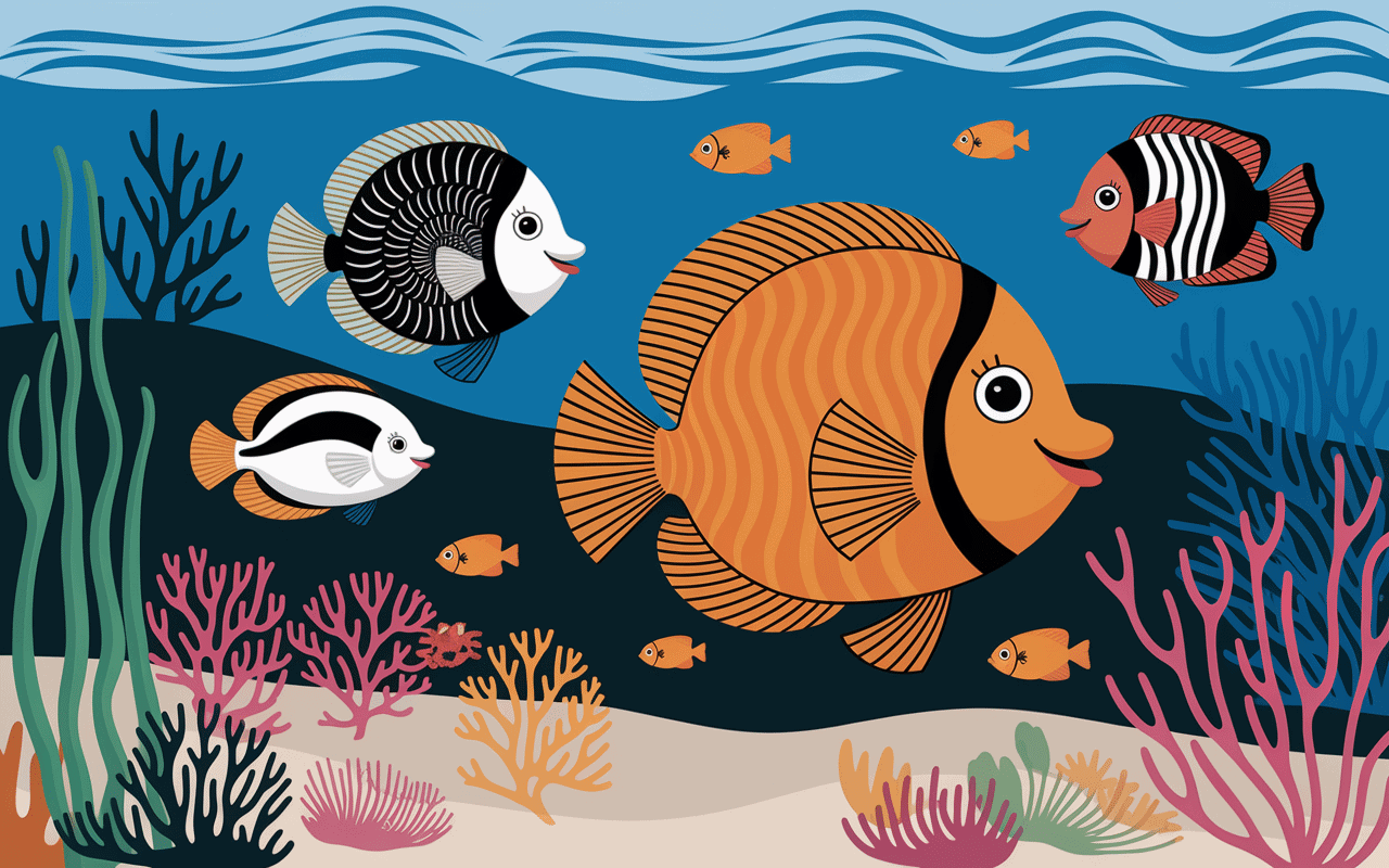 scène animaux marins qui commence par n avec narval nautile poissons coraux