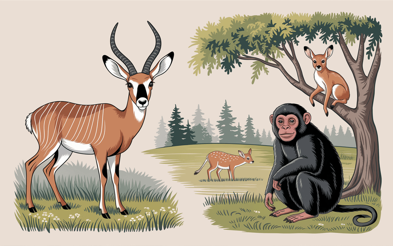 illustration animaux terrestres en n savane félin primate marsupial