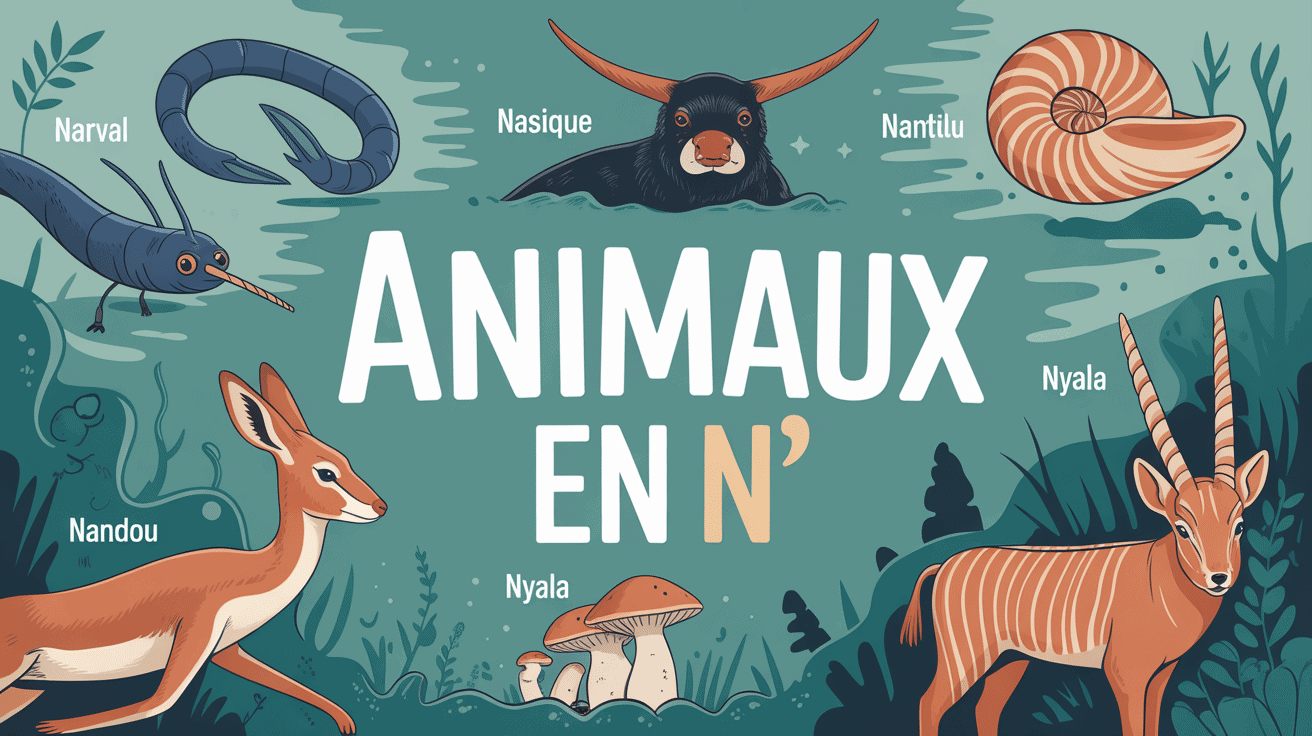 collage artistique animaux en n narval nasique nandou nautile nyala