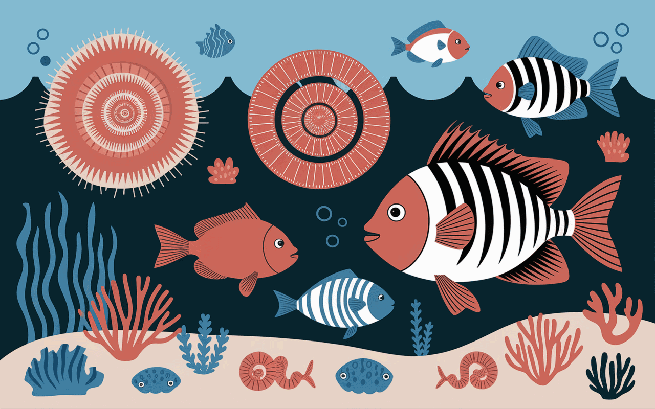 scène marine animaux en n narval nautile nérite nason