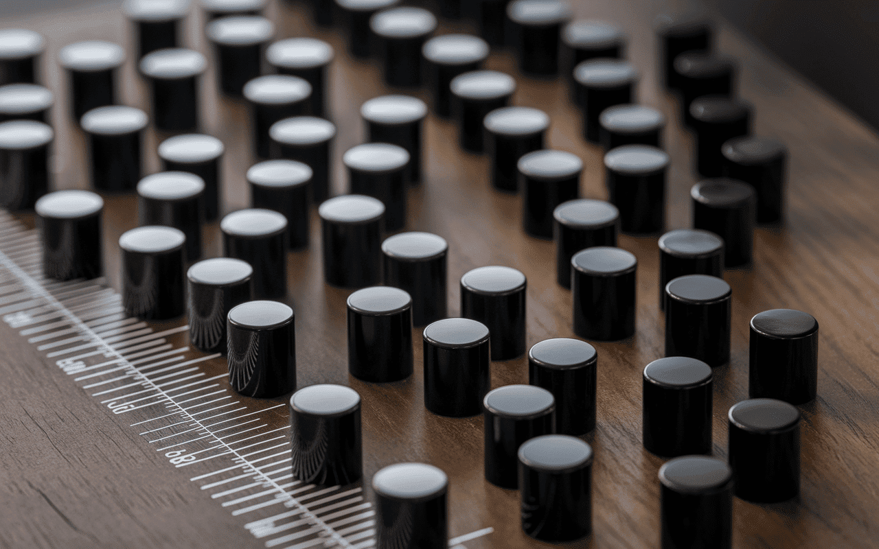 Gros plan crottes de loirs cylindriques noirs avec règle de taille