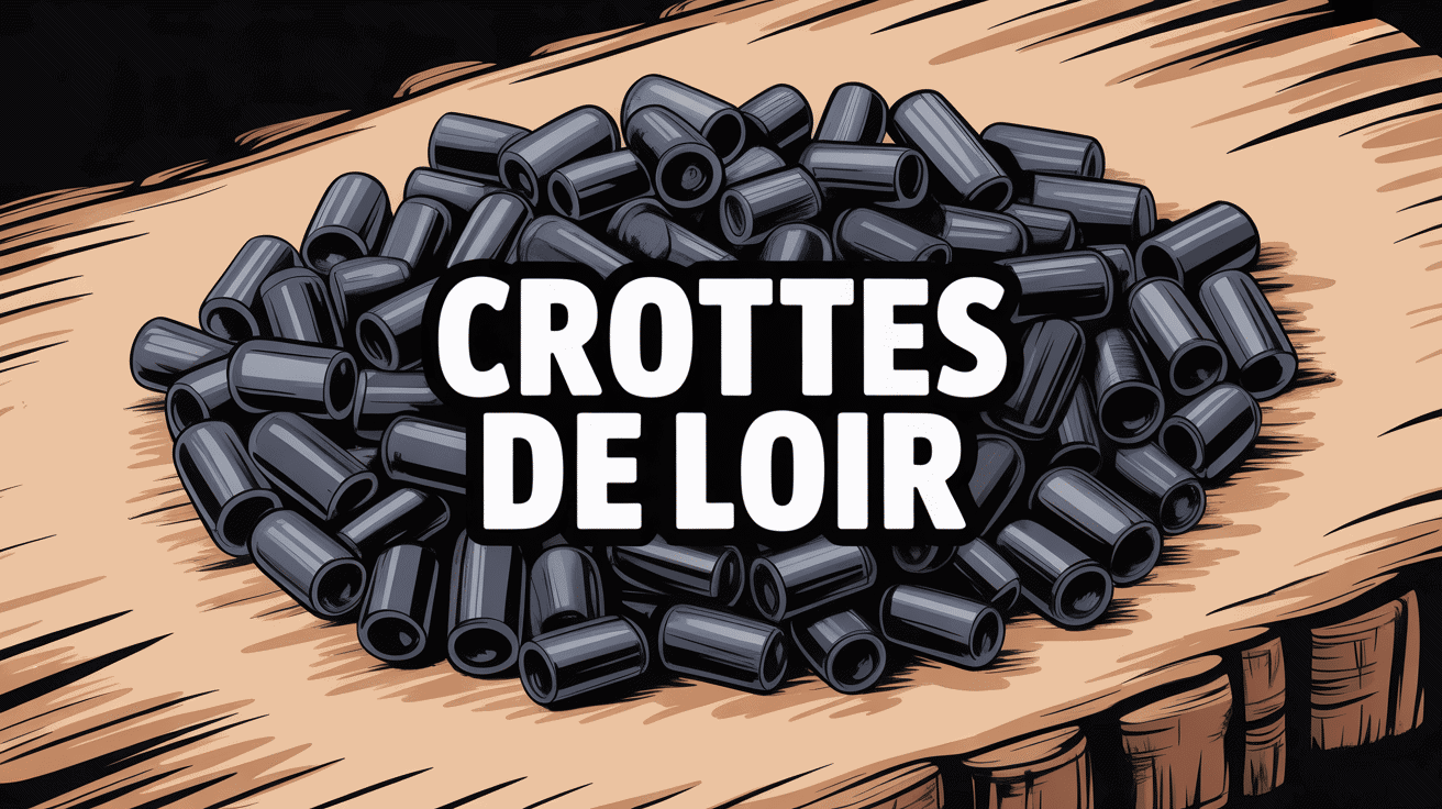 Crottes de loirs noires brillantes sur planche en bois dans un grenier