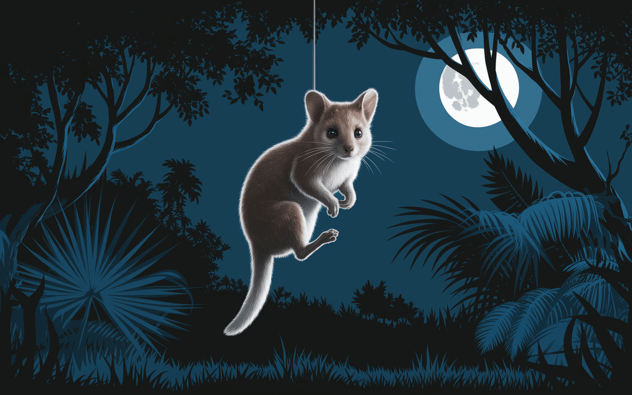 Manicou se déplaçant dans forêt tropicale de nuit