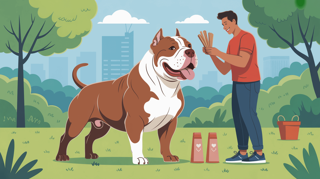 chien american bully reçoit friandise en renforcement positif