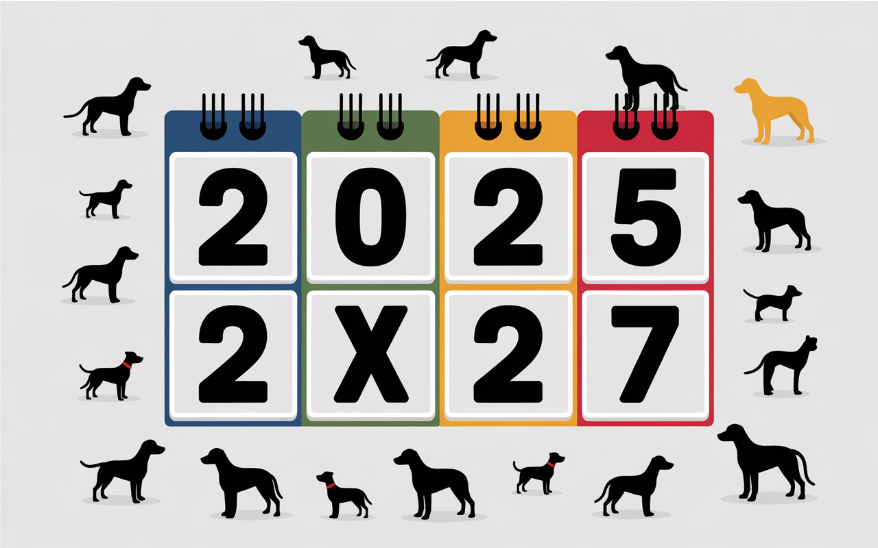 Calendrier années avec lettres et silhouettes chiens