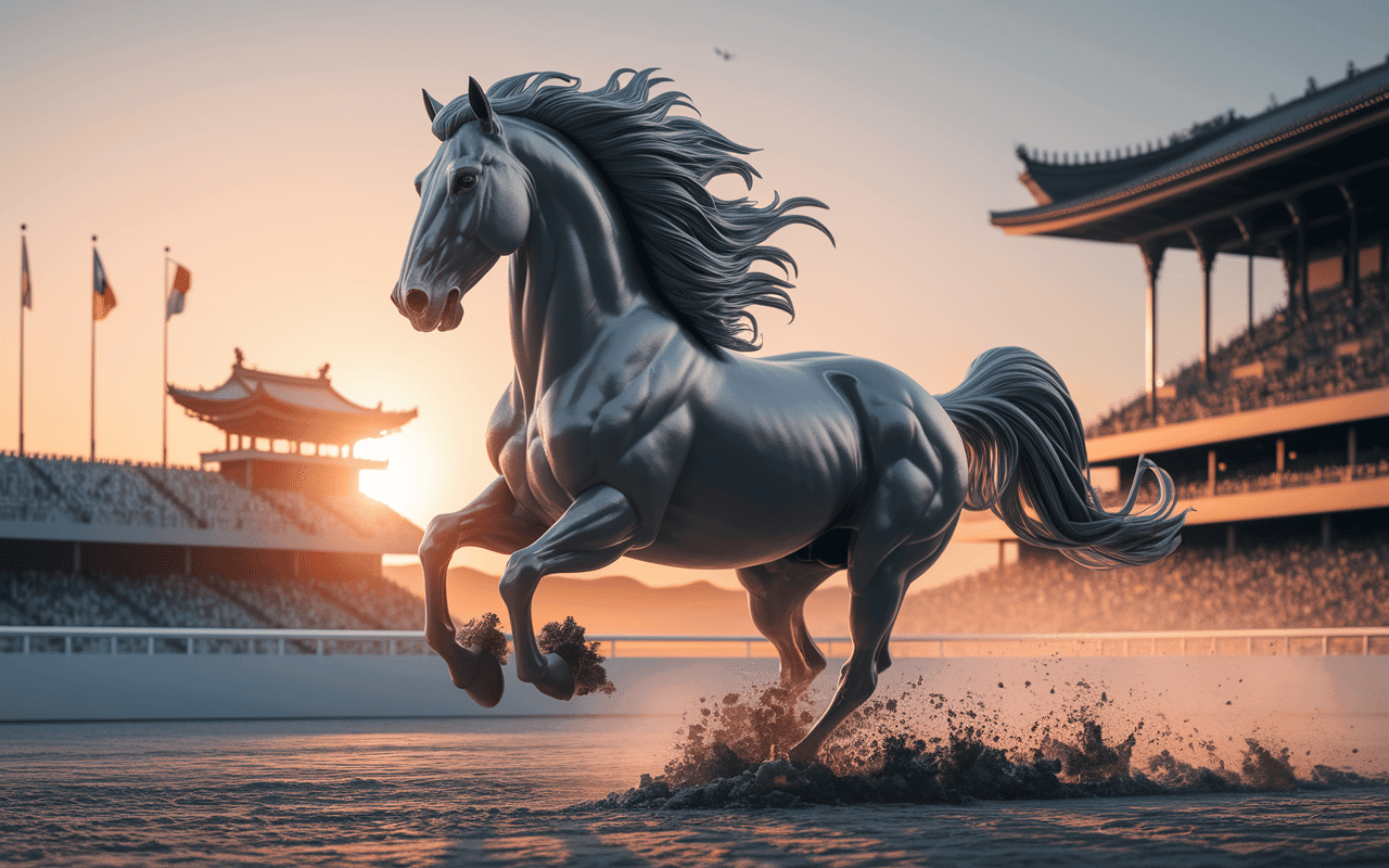 Cheval pur-sang bai dans une course, représentant la puissance d'un champion