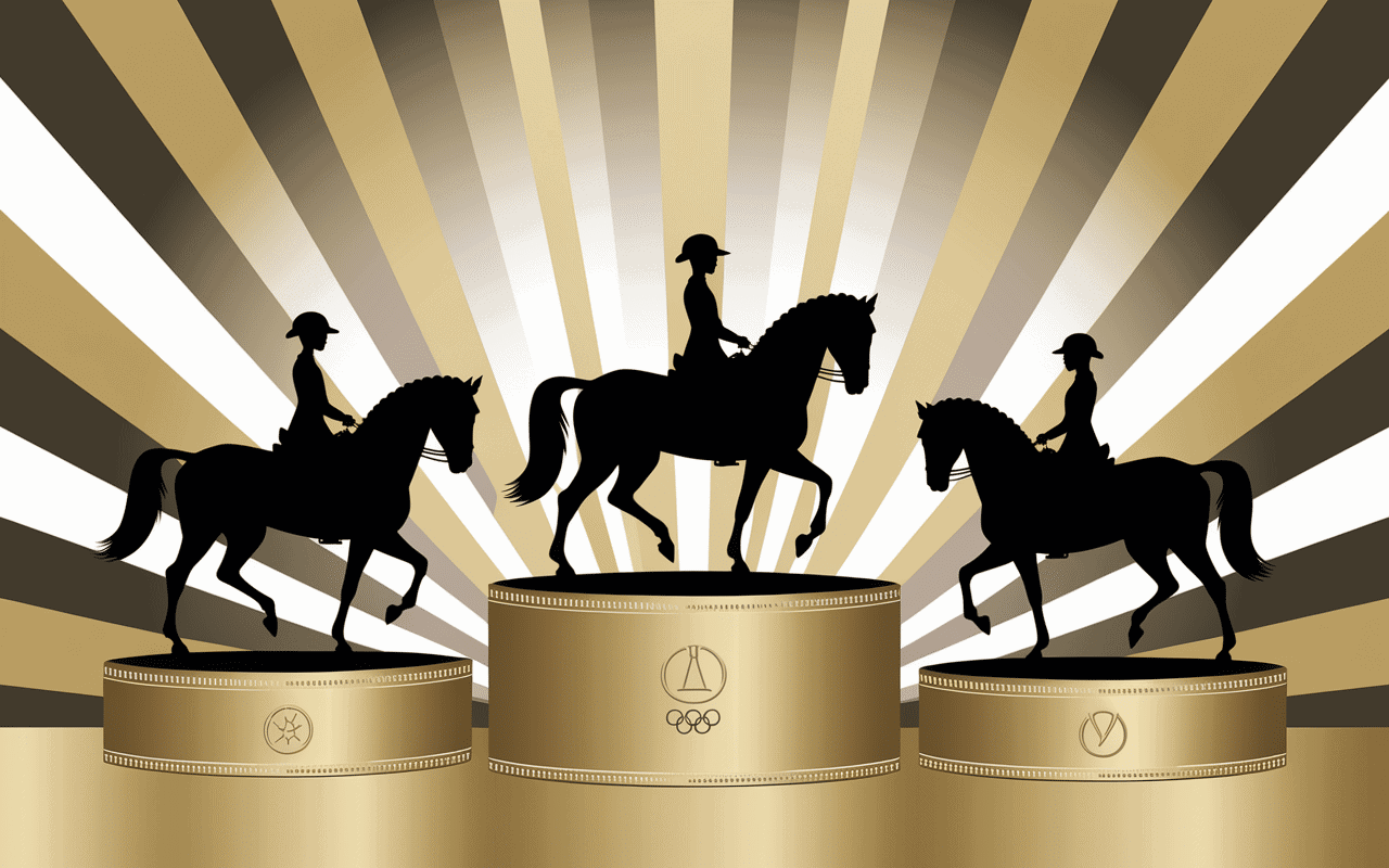 Silhouettes artistiques de chevaux en podium doré, icônes de médailles et coupes