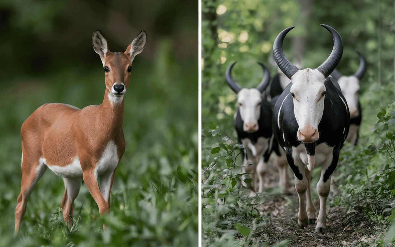 Chevreuil bondissant et biche marchant en groupe