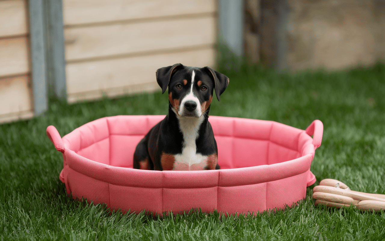 Chiot berger australien rouge tricolore dans un panier