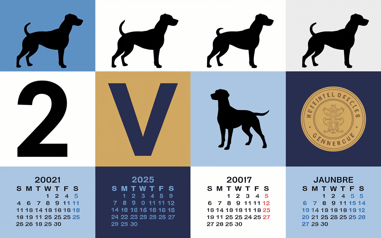 Calendrier 2025 avec chiens et lettre V