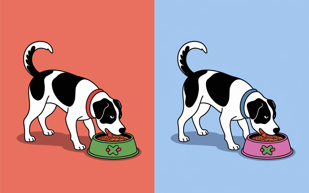 Chien mangeant vite et lentement avec gamelles