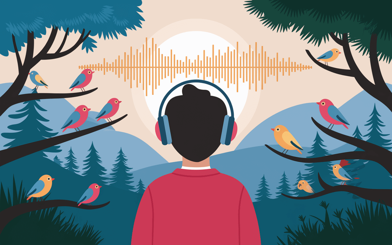 Personne avec écouteurs écoutant le chant du pinson en forêt