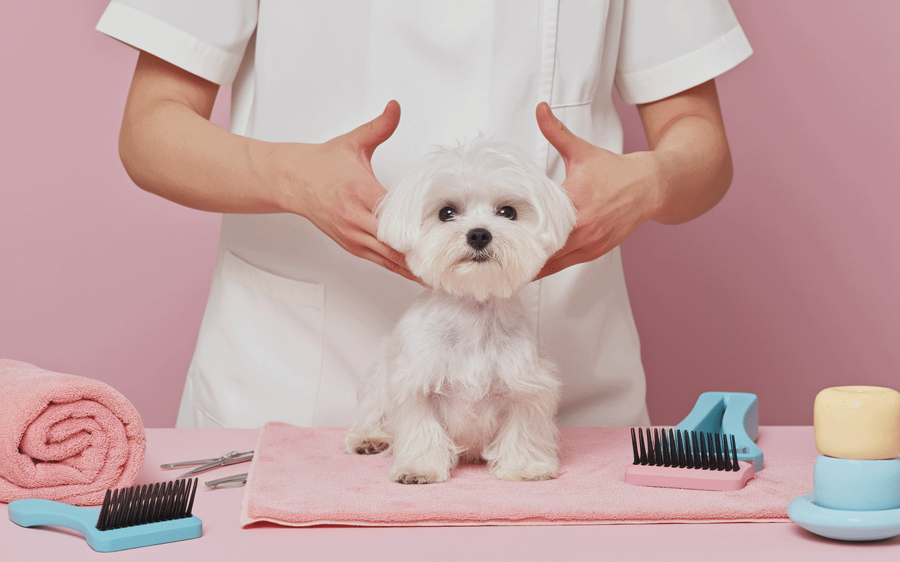 Toilettage d'un chien petit blanc