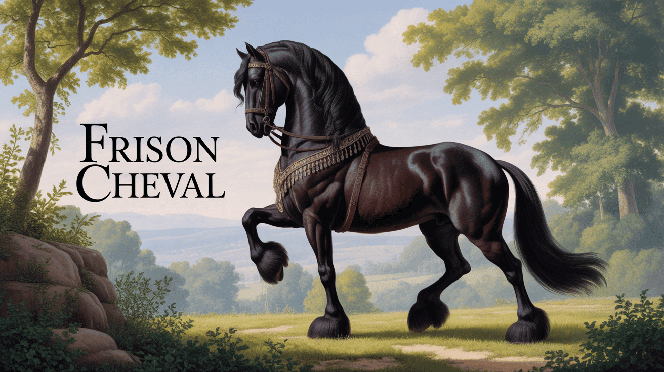 Cheval frison noir majestueux sur pré verdoyant