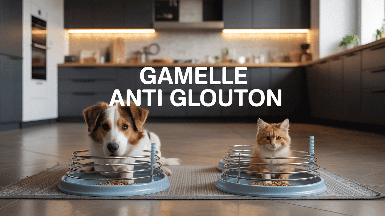 Chien et chat mangeant dans gamelles spéciales