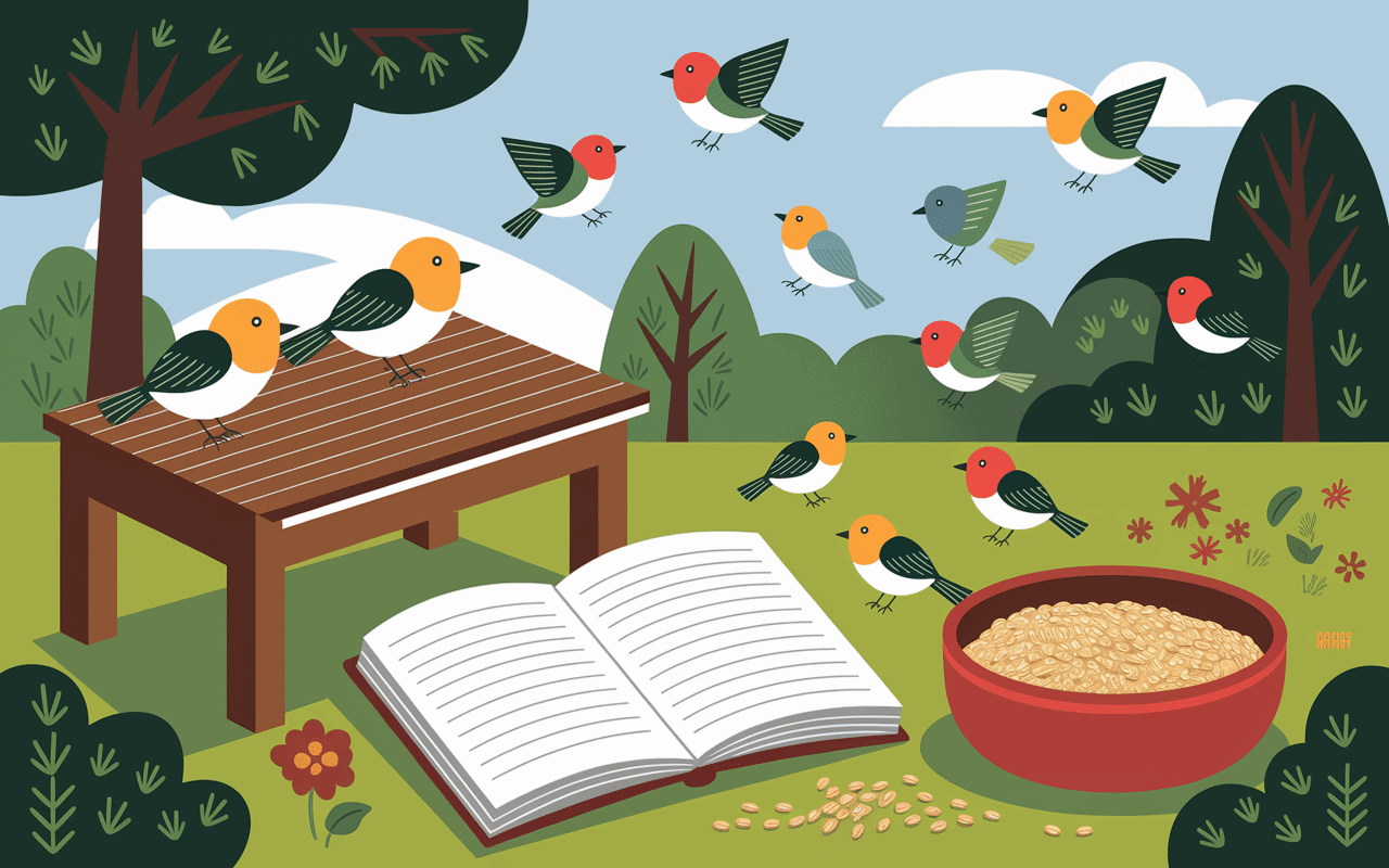 Observation du pinson des arbres avec jumelles et carnet