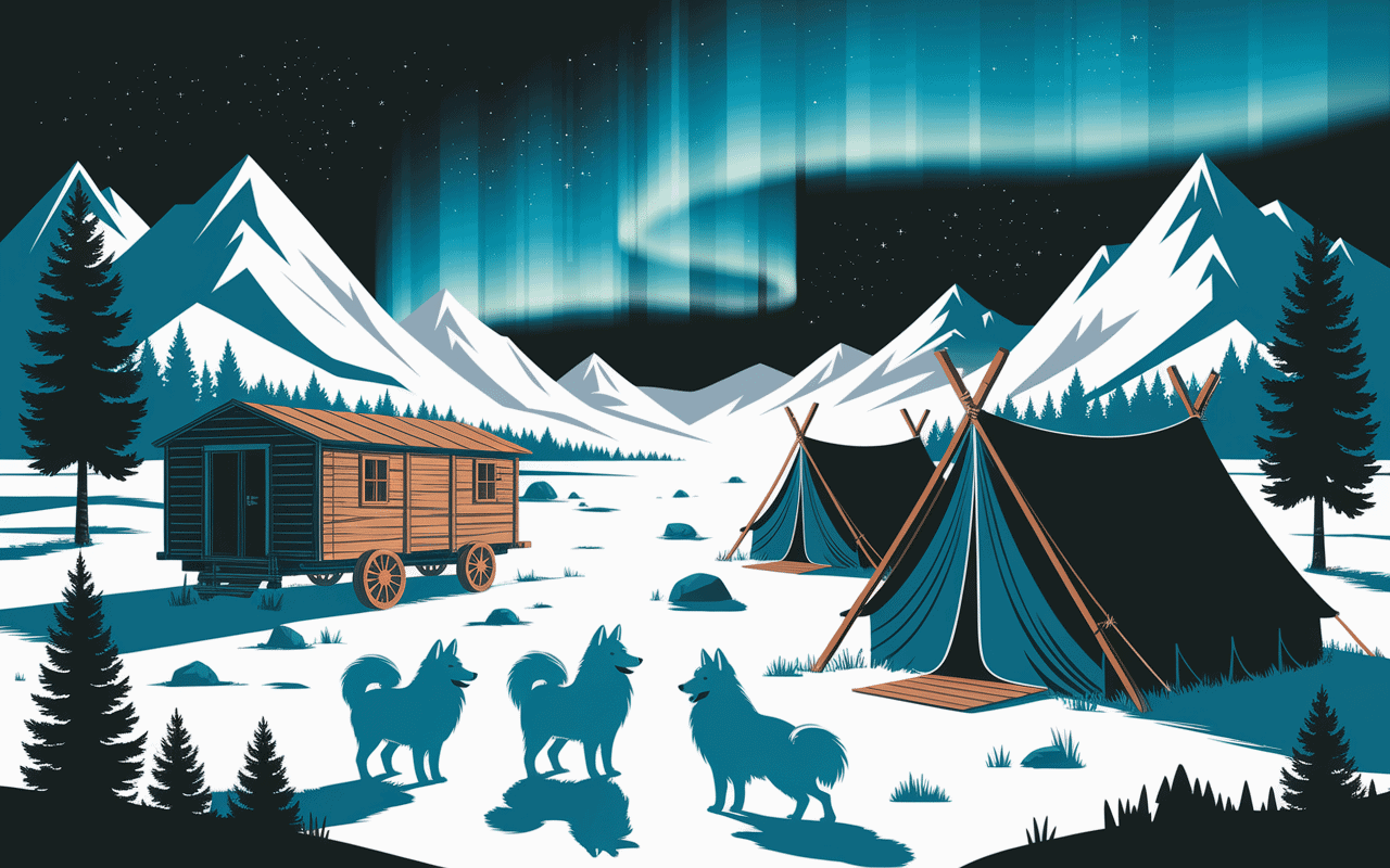 Nomades avec chiens samoyèdes en Arctique