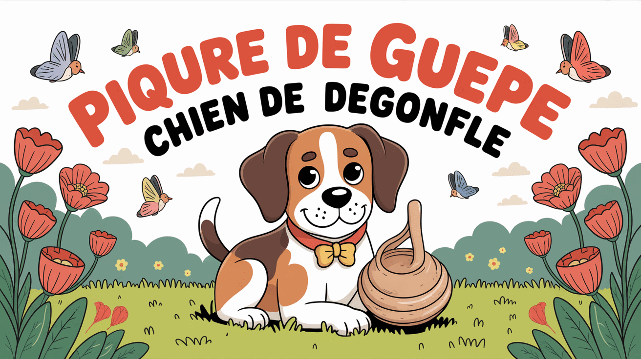 Chien avec museau gonflé et guêpes environnantes en cartoon