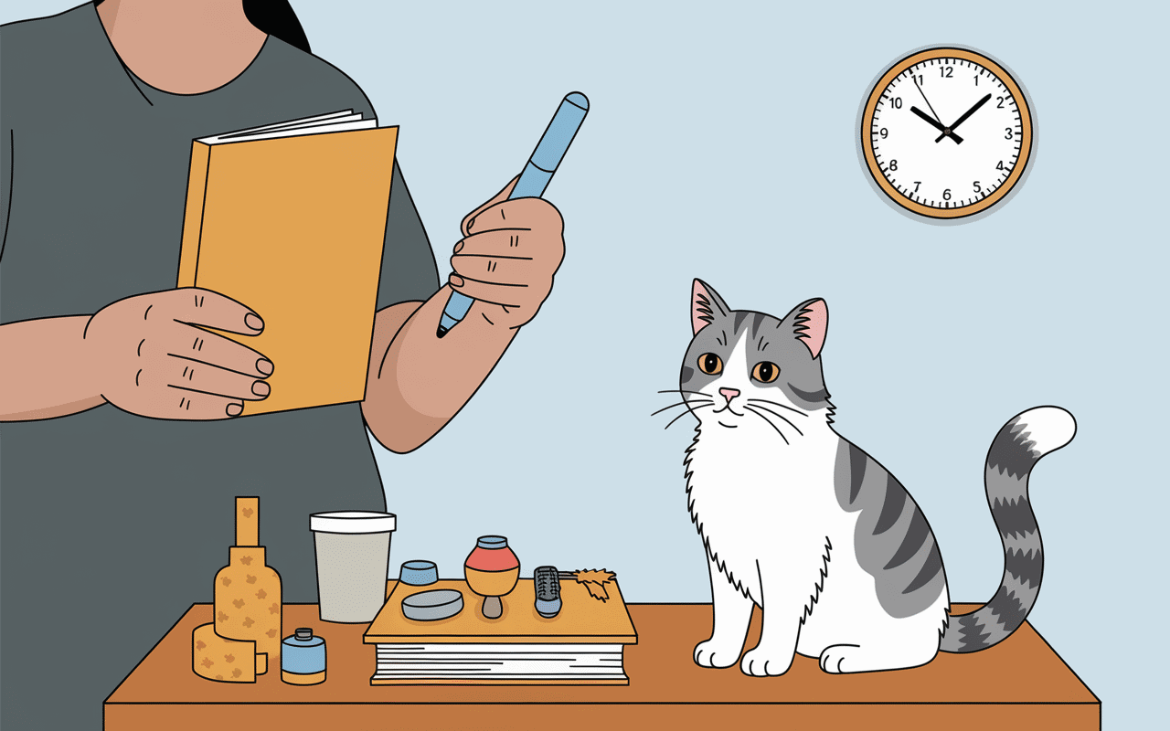 Carnet et chat blanc gris calme