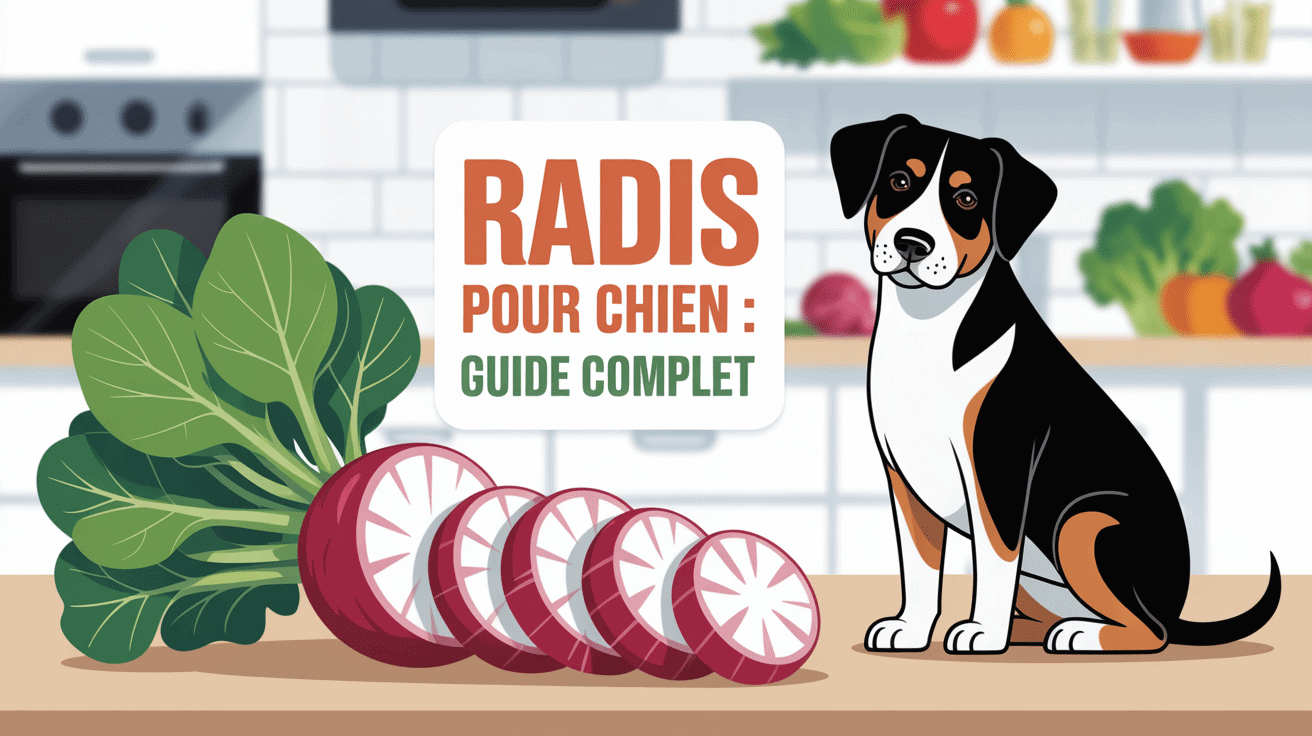 Chien avec radis en cuisine