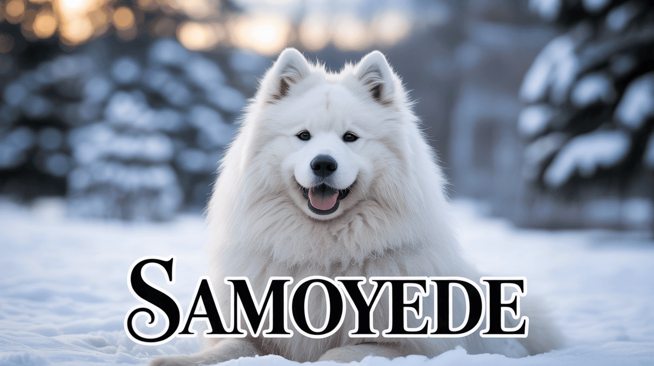 Chien samoyède souriant dans la neige
