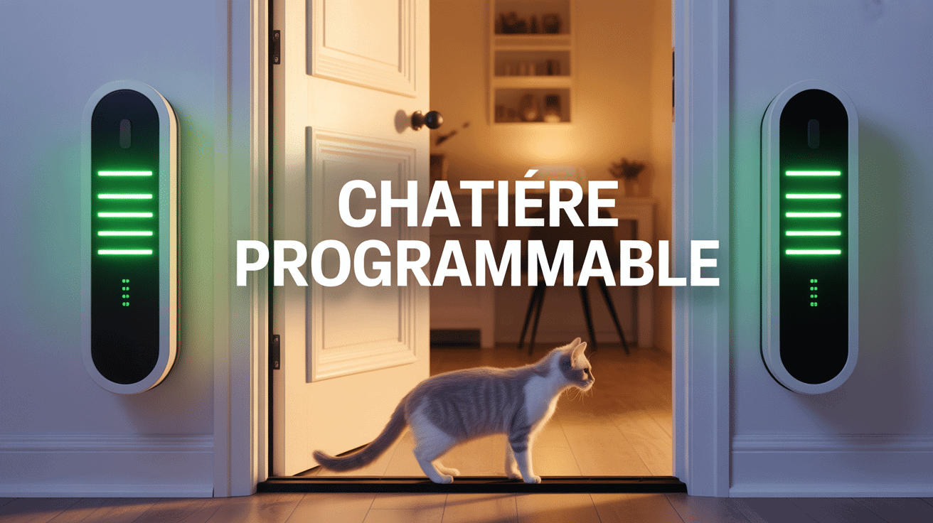 Chatière programmable installée avec chat devant une porte et voyants lumineux