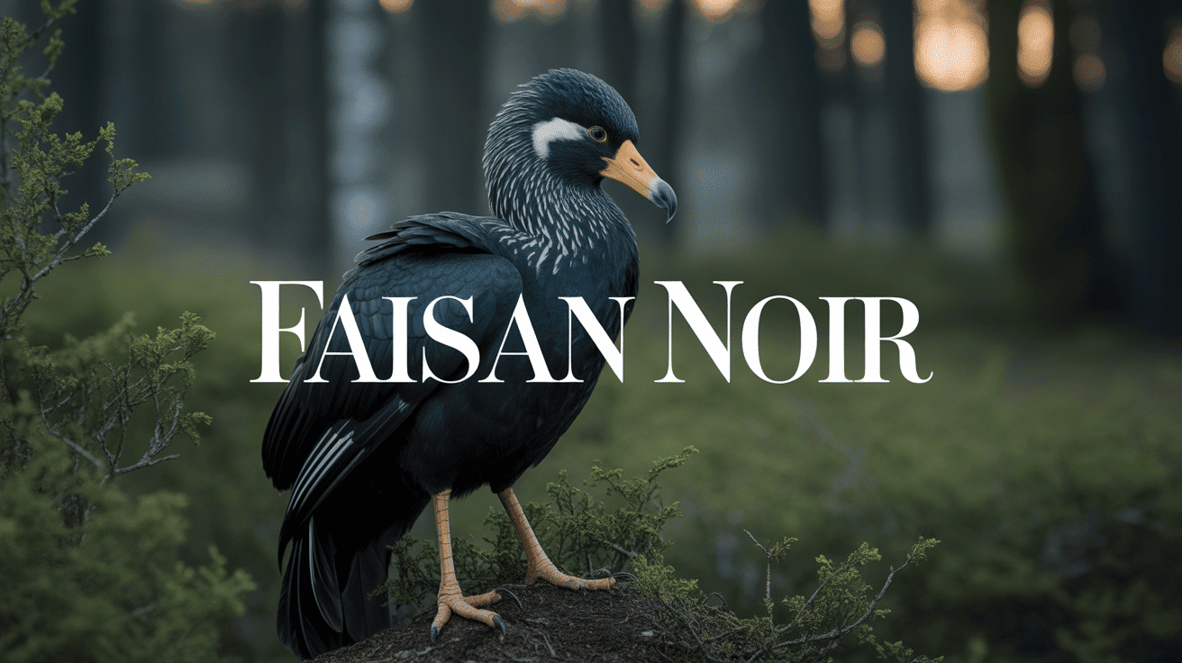 faisan noir au plumage anthracite dans une clairière brumeuse