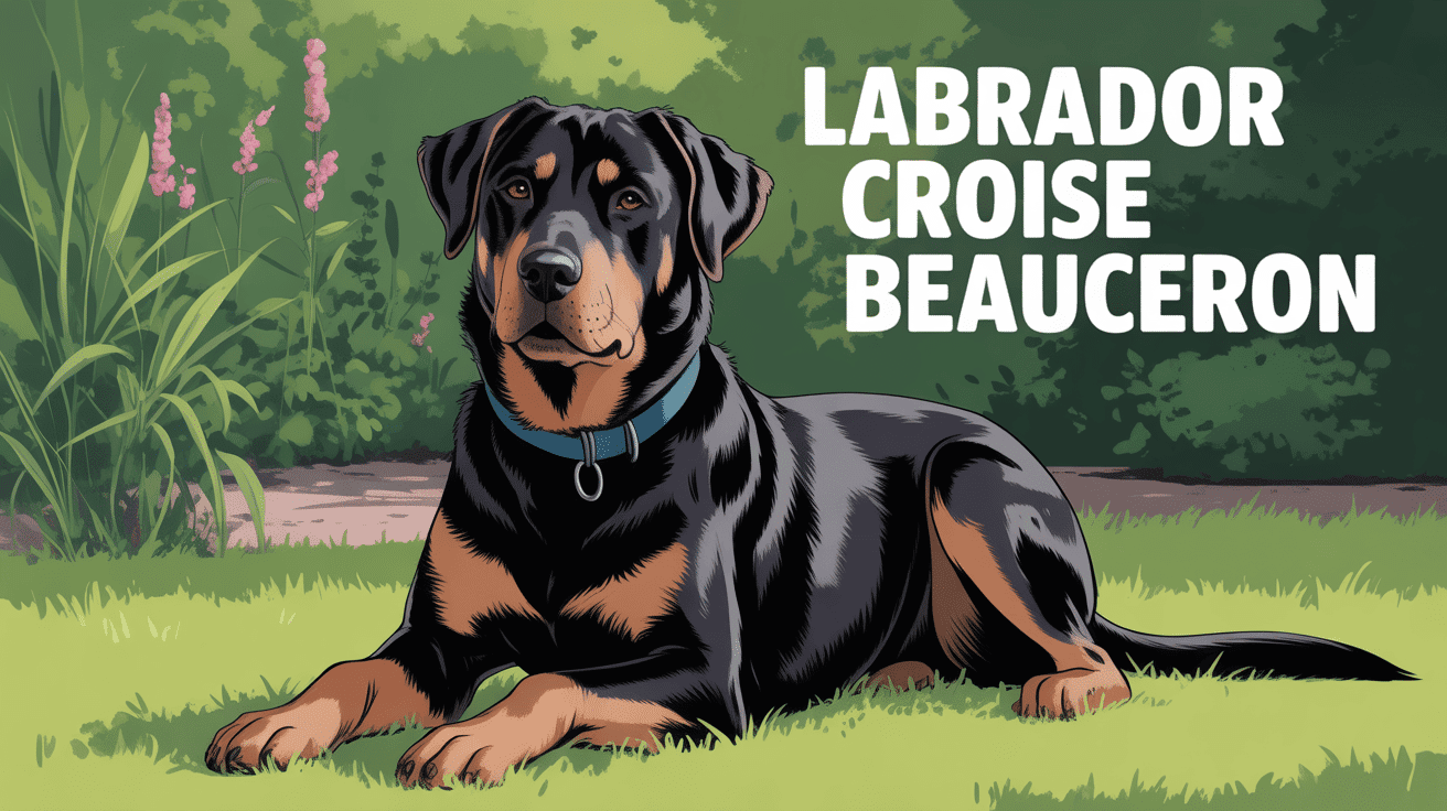 Labrador croisé beauceron adulte noir et fauve assis dans un jardin