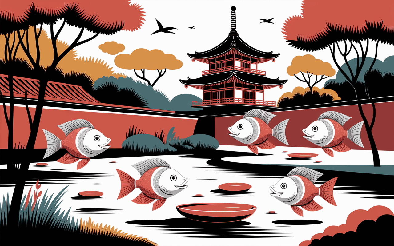 poisson tete de lion bassin asiatique traditionnel