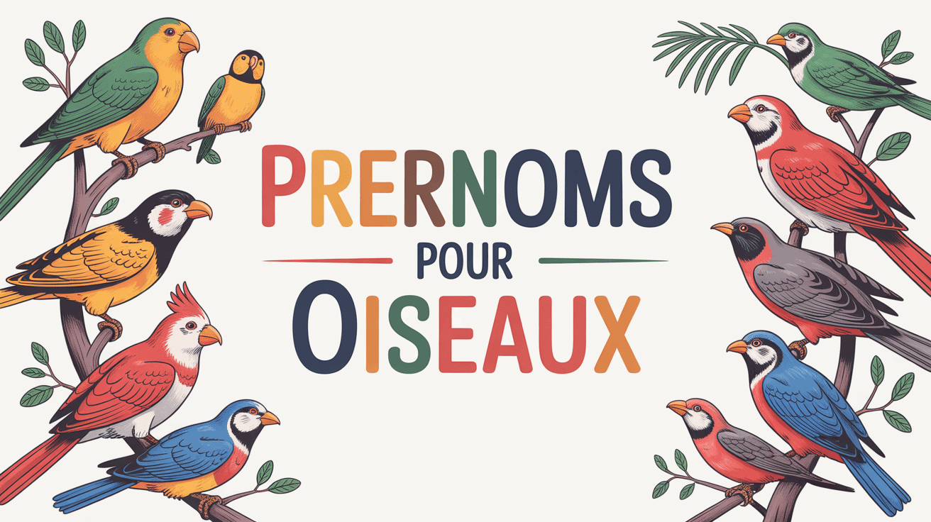Illustration colorée de prénoms pour oiseaux domestiques