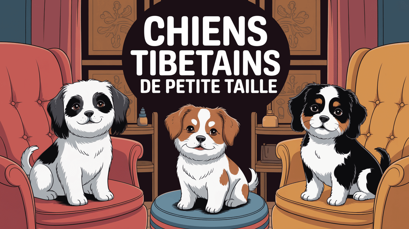 Trois chiens tibetains petit assis sur coussins salon cosy
