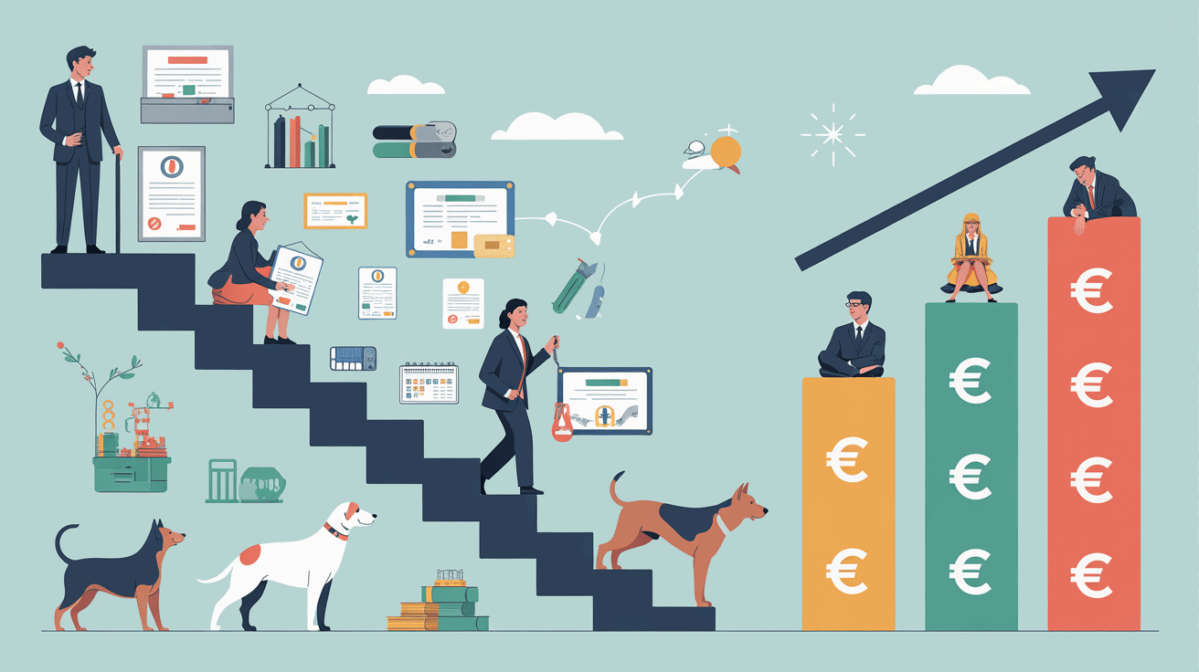 illustration évolution salaire toiletteur canin diplômes flèche