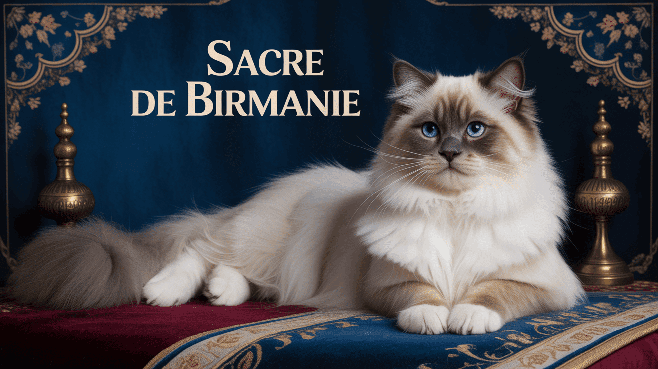 Le sacre de birmanie sur coussin velours, yeux bleus saphir