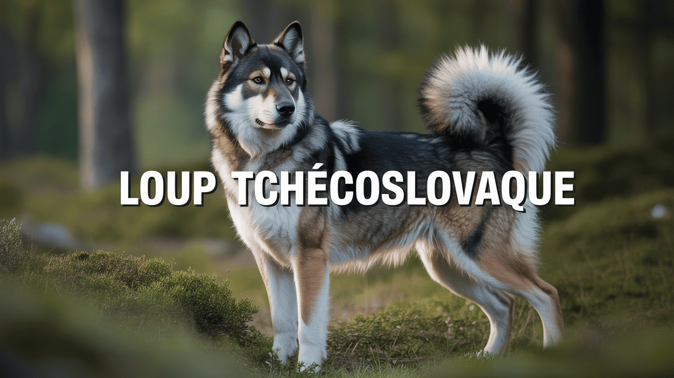 loup tchécoslovaque debout en clairière pelage gris regard intense