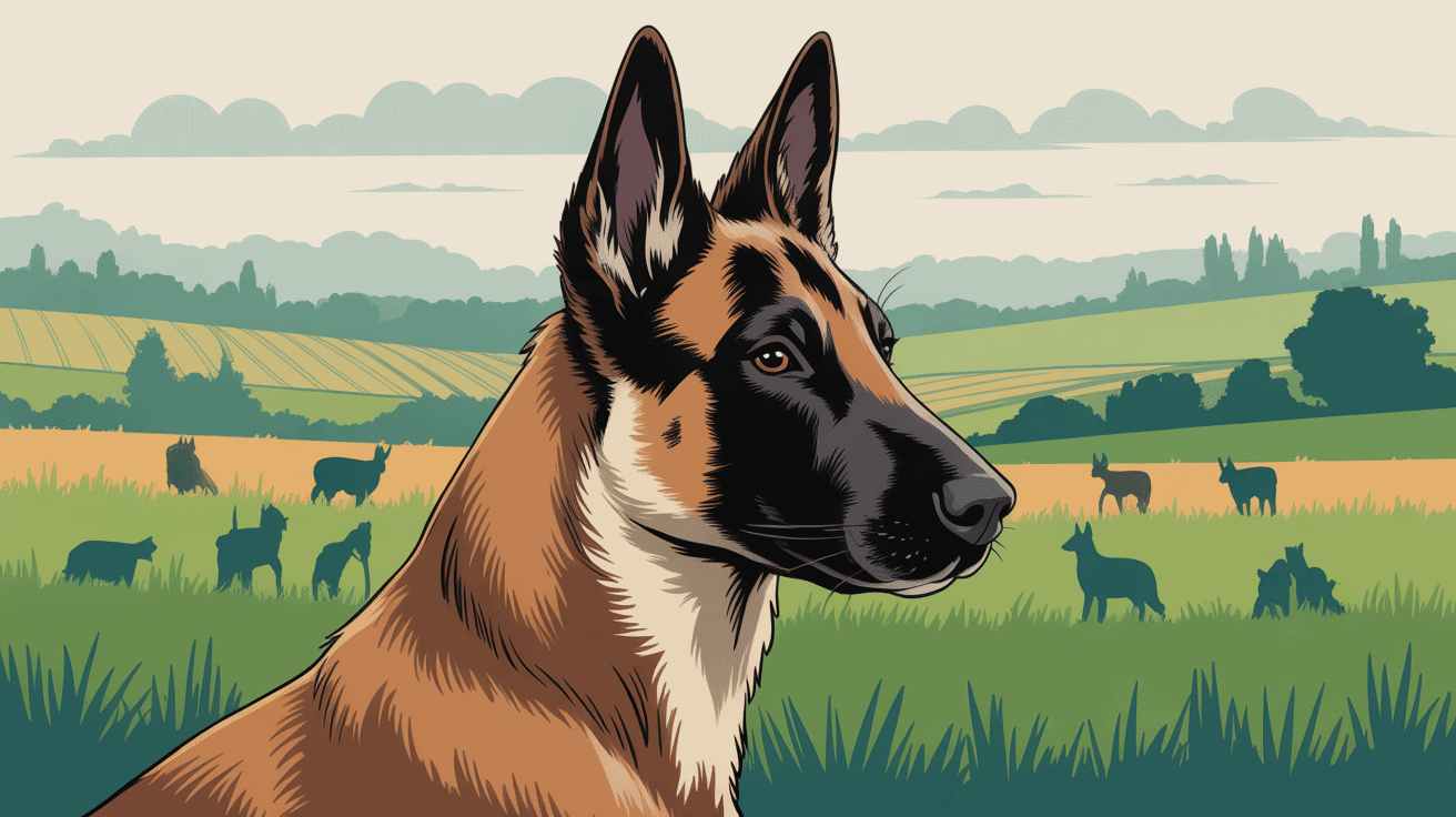 Malinois belge profil pelage fauve sur fond de campagne