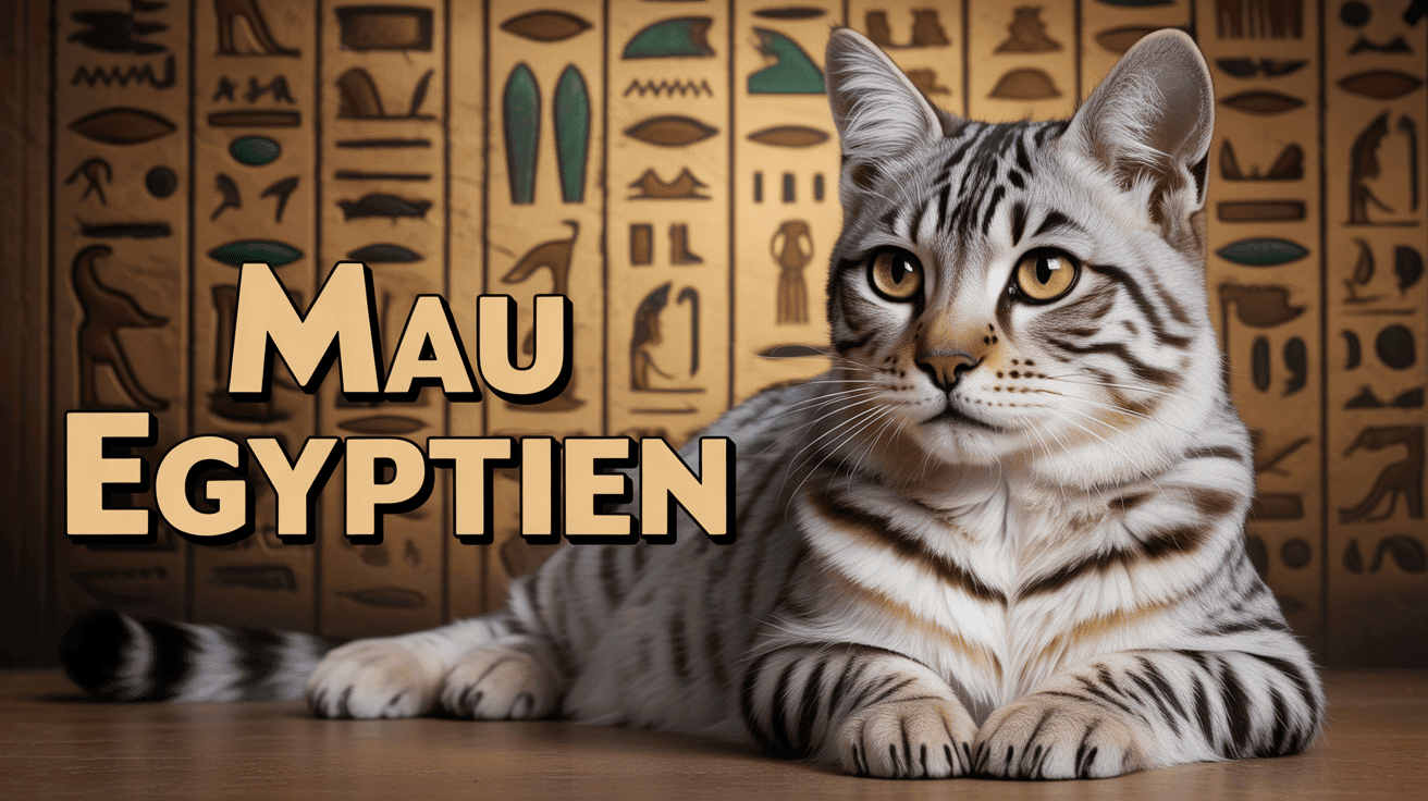 mau égyptien argenté aux yeux verts sur fond doré avec hiéroglyphes