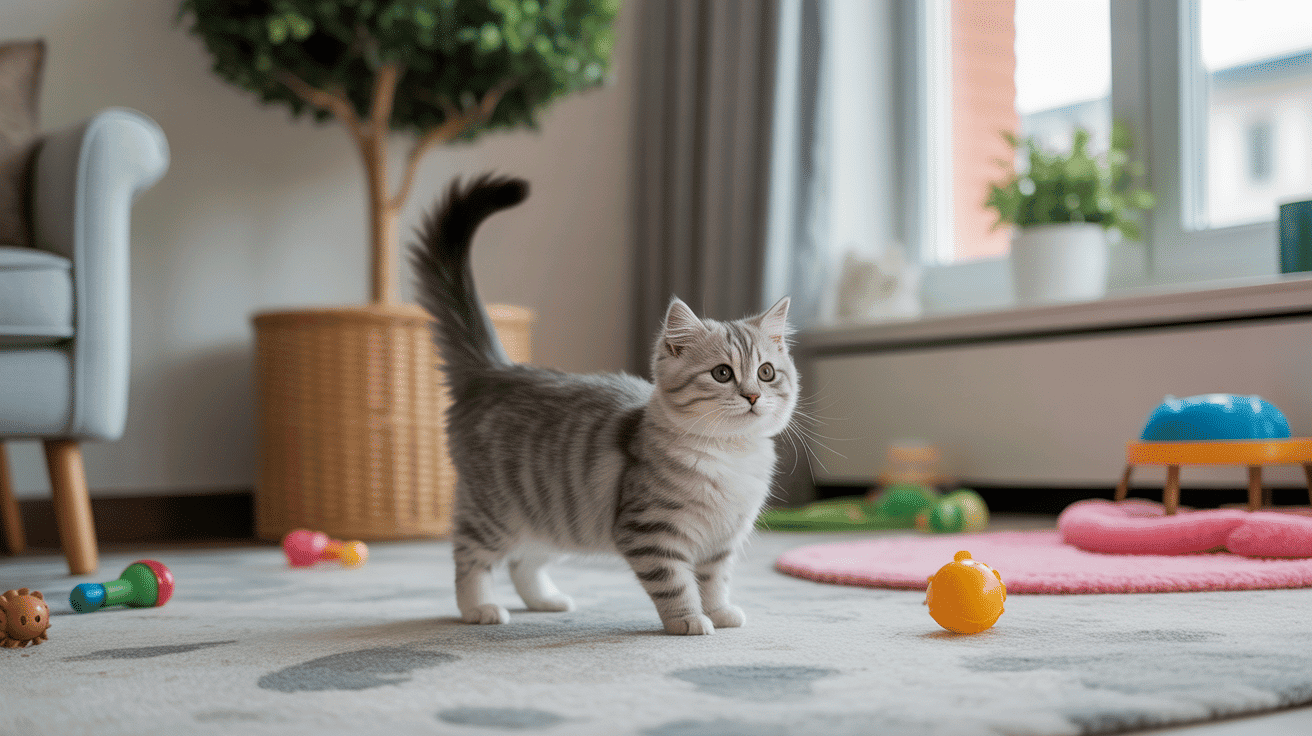 munchkin chat jouant arbre à chat bas appartement