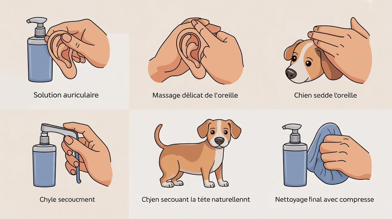 Nettoyage oreilles chien guide étapes, solution auriculaire, compresse